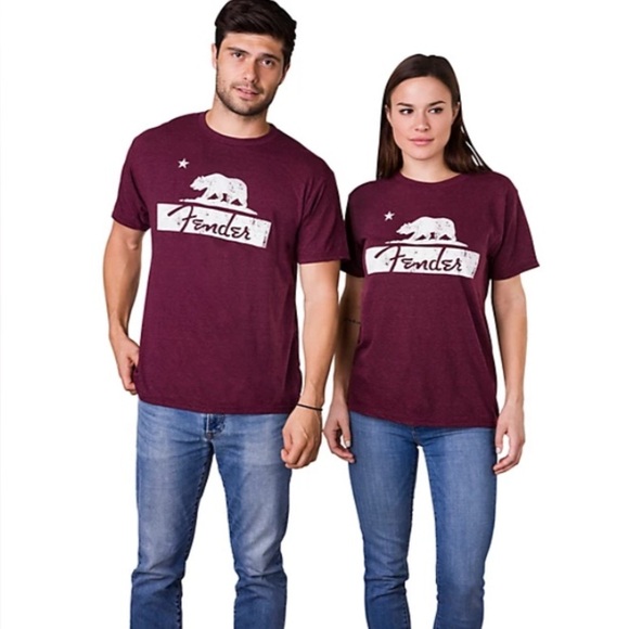 FENDER Burgundy T-shirt with White California Bear Graphic Fender Logo Unisex - Picture 7 of 7